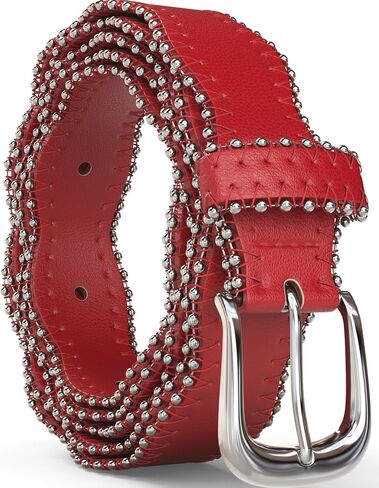 Belts for Women – Red Vegan Leather Waist Belt with Wavy Edge Silver Buckle – Adjustable for Jeans or Dresses in Saudi Arabia