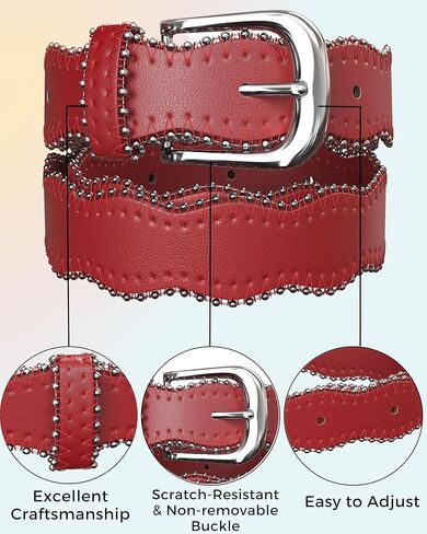 Belts for Women – Red Vegan Leather Waist Belt with Wavy Edge Silver Buckle – Adjustable for Jeans or Dresses in Saudi Arabia