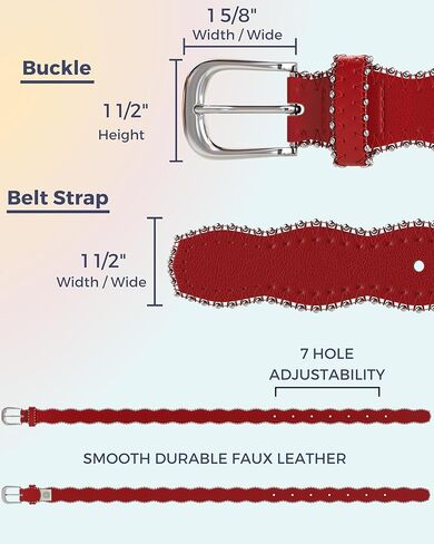 Belts for Women – Red Vegan Leather Waist Belt with Wavy Edge Silver Buckle – Adjustable for Jeans or Dresses in Saudi Arabia
