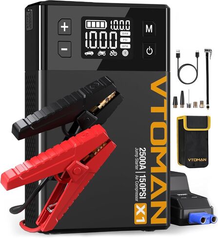 VTOMAN X1 Jump Starter with Air Compressor, Car Battery Jumper Starter (2500A, Up to 8.5L Gas/6L Diesel Engine) with 150PSI Auto Tire Inflator, 12V Portable Booster Pack, Lithium Jump Box Charger-Gray in Kuwait