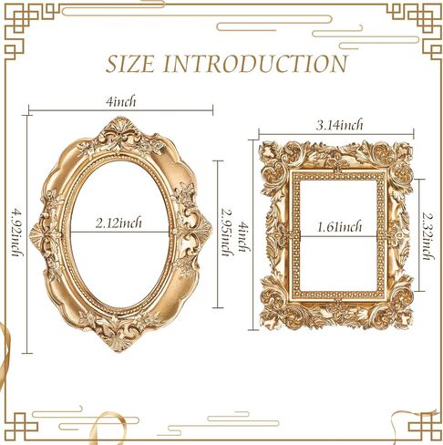 Leinuosen 2 Pcs Mini Gold Frames Vintage Resin Picture Small Antique Gold Tiny Oval Rectangle Baroque DIY Wall Hanging Frames for Home Decor Photo Props, Without Backing in Saudi Arabia
