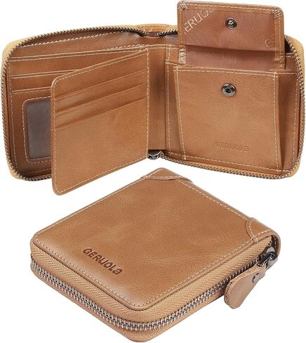 Men's Shielded Wallet Zipper Leather Wallet Men's Bifold RFID Card Case Wallets for Men (Brown) in Saudi Arabia