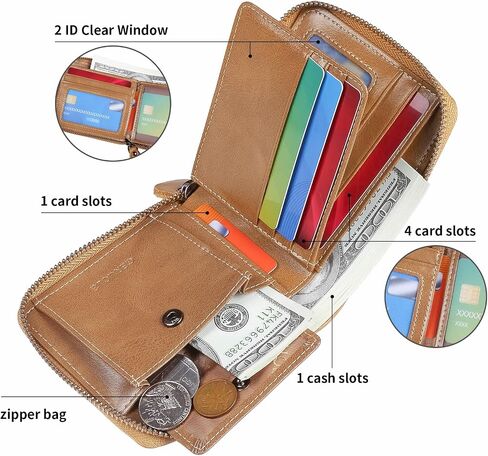 Men's Shielded Wallet Zipper Leather Wallet Men's Bifold RFID Card Case Wallets for Men (Brown) in Saudi Arabia
