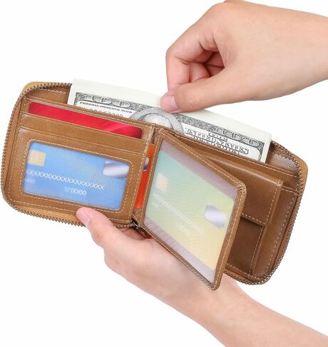 Men's Shielded Wallet Zipper Leather Wallet Men's Bifold RFID Card Case Wallets for Men (Brown) in Saudi Arabia