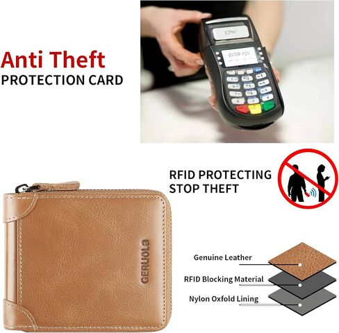 Men's Shielded Wallet Zipper Leather Wallet Men's Bifold RFID Card Case Wallets for Men (Brown) in Saudi Arabia