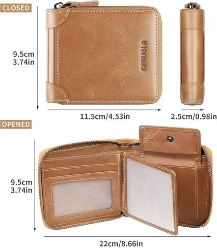 Men's Shielded Wallet Zipper Leather Wallet Men's Bifold RFID Card Case Wallets for Men (Brown) in Saudi Arabia