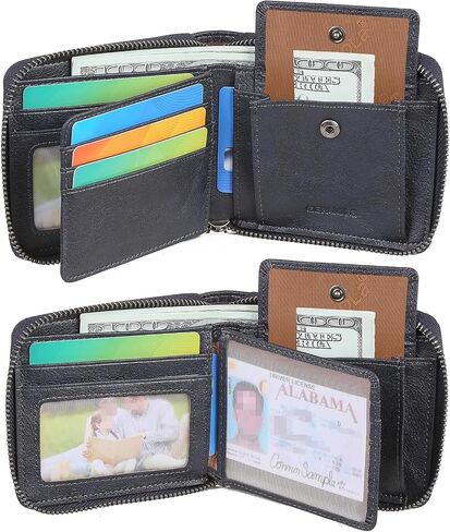 محفظة رجالية محمية بسحاب محفظة جلدية للرجال حافظة بطاقات RFID ثنائية الطي للرجال (بني) in Kuwait