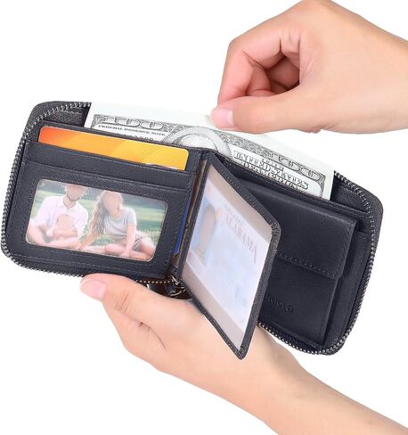 محفظة رجالية محمية بسحاب محفظة جلدية للرجال حافظة بطاقات RFID ثنائية الطي للرجال (بني) in Kuwait