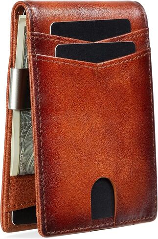 Real Leather Slim Wallet for Men RFID Blocking Front Pocket Bifold Wallet Minimalist Credit Card Holder with Gift Box (Brown) in Saudi Arabia