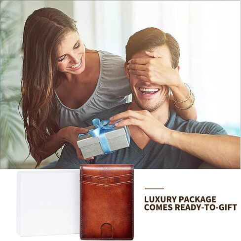 Real Leather Slim Wallet for Men RFID Blocking Front Pocket Bifold Wallet Minimalist Credit Card Holder with Gift Box (Brown) in Saudi Arabia