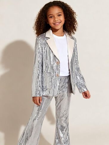 WELAKEN Girls Sequin Blazers Jacket Long Sleeve Notched Lapel Button Down Suit Coat with Pockets in Saudi Arabia