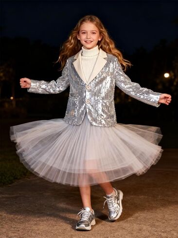WELAKEN Girls Sequin Blazers Jacket Long Sleeve Notched Lapel Button Down Suit Coat with Pockets in Saudi Arabia