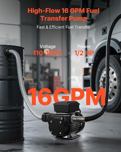 VEVOR Fuel Transfer Pump 110V, 16 GPM 60 L/min, AC Electric Oil Transfer Pump for Diesel Kerosene Biodiesel, with Auto Fuel Nozzle & 2 Hoses, 45 ft/13.7 m Max Lift, for Vehicles, Construction Sites in Saudi Arabia