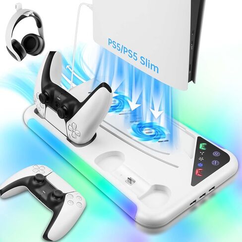 TECTINTER for PS5 Slim/PS5 Stand and Cooling Station,3-Level Cooling Station and 8 RGB LED with Charger for PS5&Edge Controller,PS5 Cooling station Design for PS5 Slim Disc&Digital /PS5 Disc & Digital in Kuwait