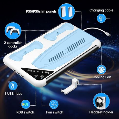 TECTINTER for PS5 Slim/PS5 Stand and Cooling Station,3-Level Cooling Station and 8 RGB LED with Charger for PS5&Edge Controller,PS5 Cooling station Design for PS5 Slim Disc&Digital /PS5 Disc & Digital in Kuwait