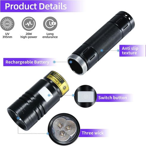 DARKBEAM UV 365nm Flashlight Black Light LED، مشاعل الأشعة فوق البنفسجية، مصباح أخشاب USB -C قوي قابل لإعادة الشحن، مقاوم للماء قابل للتركيز، كشف تسرب بول الحيوانات الأليفة والتيار المتردد، لعلاج الراتنج in Kuwait