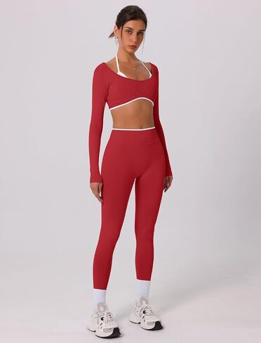 ABOCIW Workout Sets for Women Long Sleeve Crop Top Scrunch Butt Lifting High Waist Leggings 2 Piece Gym Yoga Outfits in Saudi Arabia