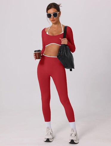 ABOCIW Workout Sets for Women Long Sleeve Crop Top Scrunch Butt Lifting High Waist Leggings 2 Piece Gym Yoga Outfits in Saudi Arabia
