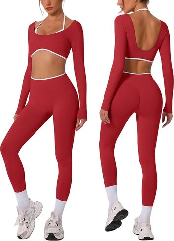 ABOCIW Workout Sets for Women Long Sleeve Crop Top Scrunch Butt Lifting High Waist Leggings 2 Piece Gym Yoga Outfits in Saudi Arabia