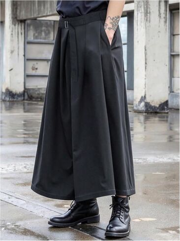 OYOANGLE الرجال واسعة الساق تنورة مطوي السراويل مربوط مطوي اليابانية اقتصاص سراويلي حريمي السراويل اليابانية in Saudi Arabia