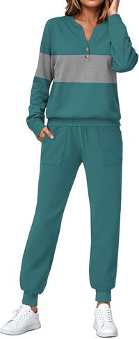 SHESHOW Women Two Piece Outfits Lounge Sets V-neck Button Down Sweatshirt High Waisted Joggers Trendy Tracksuit S-XXL in Saudi Arabia