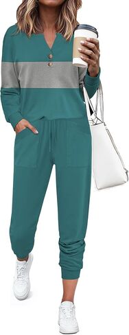 SHESHOW Women Two Piece Outfits Lounge Sets V-neck Button Down Sweatshirt High Waisted Joggers Trendy Tracksuit S-XXL in Saudi Arabia