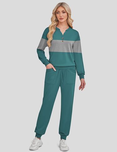 SHESHOW Women Two Piece Outfits Lounge Sets V-neck Button Down Sweatshirt High Waisted Joggers Trendy Tracksuit S-XXL in Saudi Arabia