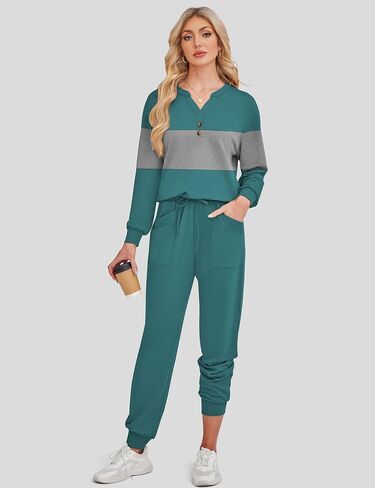 SHESHOW Women Two Piece Outfits Lounge Sets V-neck Button Down Sweatshirt High Waisted Joggers Trendy Tracksuit S-XXL in Saudi Arabia