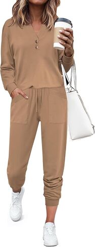 SHESHOW Women Two Piece Outfits Lounge Sets V-neck Button Down Sweatshirt High Waisted Joggers Trendy Tracksuit S-XXL in Saudi Arabia