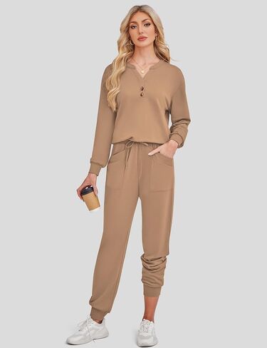 SHESHOW Women Two Piece Outfits Lounge Sets V-neck Button Down Sweatshirt High Waisted Joggers Trendy Tracksuit S-XXL in Saudi Arabia