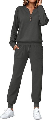 SHESHOW Women Two Piece Outfits Lounge Sets V-neck Button Down Sweatshirt High Waisted Joggers Trendy Tracksuit S-XXL in Saudi Arabia