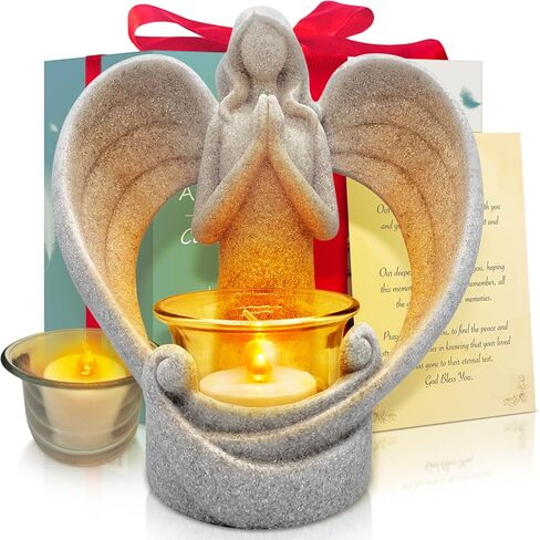 OakiWay Memorial Candle Gifts – Angel Figurines Tealight Candle Holder, Sympathy Gifts for Loss of Loved One, W/Flickering Led Candle, Bereavement, Grief, Funeral, Remembrance, Memory Home Decorations in Saudi Arabia