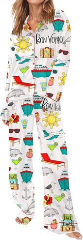 SHESHOW Womens Pajama Sets Long Sleeve Button Down Silky Pjs Travel Print Satin Pajama Set for Women 2 Piece in Saudi Arabia