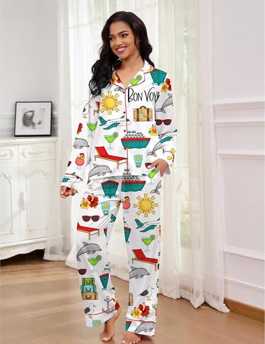 SHESHOW Womens Pajama Sets Long Sleeve Button Down Silky Pjs Travel Print Satin Pajama Set for Women 2 Piece in Saudi Arabia