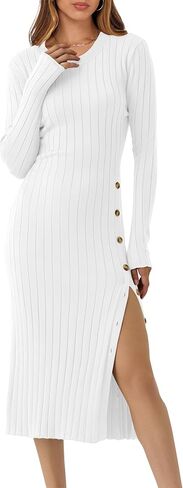 ANRABESS Womens 2025 Fall Long Sleeve Midi Dress Ribbed Knit Bodycon Fitted Button Down Wedding Guest Slit Sweater Dresses in Saudi Arabia