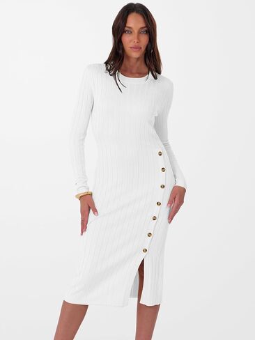 ANRABESS Womens 2025 Fall Long Sleeve Midi Dress Ribbed Knit Bodycon Fitted Button Down Wedding Guest Slit Sweater Dresses in Saudi Arabia