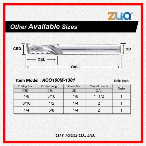 زوك | 3/16 "DIA ، ON-FLUTE للألومنيوم ، البت اللولبي الصلب الصلب ، 1/4" Shank ، 2 "طول | ACO100M-1301 (3/16) in Kuwait