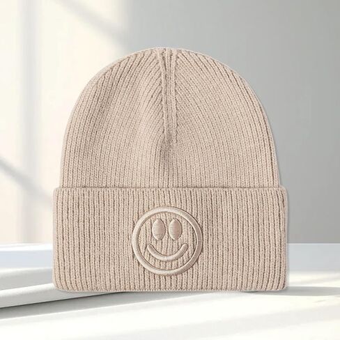 Smiley Face Embroidered Knit Beanie for Men Women Warm Cuffed Hat in Saudi Arabia