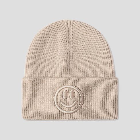 Smiley Face Embroidered Knit Beanie for Men Women Warm Cuffed Hat in Saudi Arabia