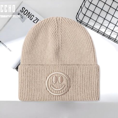 Smiley Face Embroidered Knit Beanie for Men Women Warm Cuffed Hat in Saudi Arabia