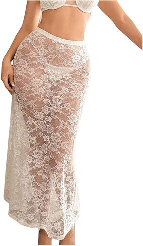 WDIRARA Women's Low Rise Floral Lace Mesh Perspective Long Skirt Straight Leg Cheeky Skinny Skirt in Kuwait