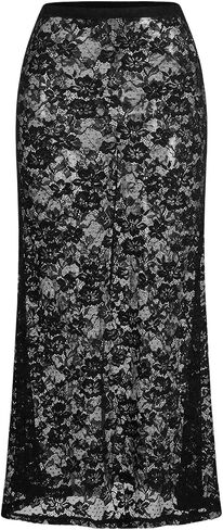 WDIRARA Women's Low Rise Floral Lace Mesh Perspective Long Skirt Straight Leg Cheeky Skinny Skirt in Kuwait