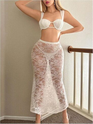 WDIRARA Women's Low Rise Floral Lace Mesh Perspective Long Skirt Straight Leg Cheeky Skinny Skirt in Kuwait