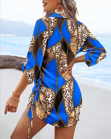 Womens A Line Leopard Print Colorblock V Neck Roll Up Sleeve Drawstring Mini Dress Cover Up Causal Daily Vacation Beach Wear in Saudi Arabia