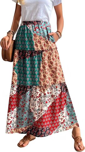Ladies' Mid-Length Printed Skirt,Bohemian Style,A-line Skirt,Loose,Leisure,Pocket Skirts in Saudi Arabia