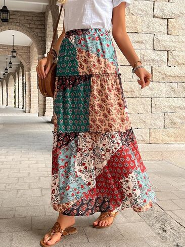 Ladies' Mid-Length Printed Skirt,Bohemian Style,A-line Skirt,Loose,Leisure,Pocket Skirts in Saudi Arabia