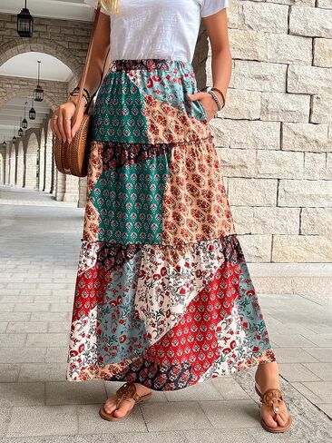 Ladies' Mid-Length Printed Skirt,Bohemian Style,A-line Skirt,Loose,Leisure,Pocket Skirts in Saudi Arabia