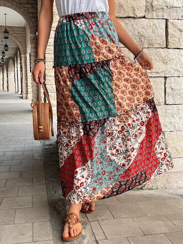 Ladies' Mid-Length Printed Skirt,Bohemian Style,A-line Skirt,Loose,Leisure,Pocket Skirts in Saudi Arabia