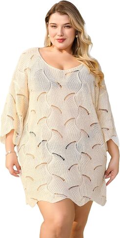 MakeMeChic Women's Plus Size Swimsuit Cover Up 3/4 Sleeve Crochet V Neck Beach Coverups in Saudi Arabia
