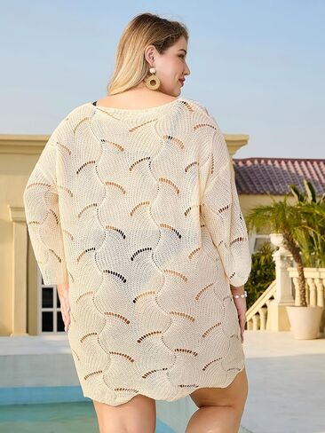 MakeMeChic Women's Plus Size Swimsuit Cover Up 3/4 Sleeve Crochet V Neck Beach Coverups in Saudi Arabia